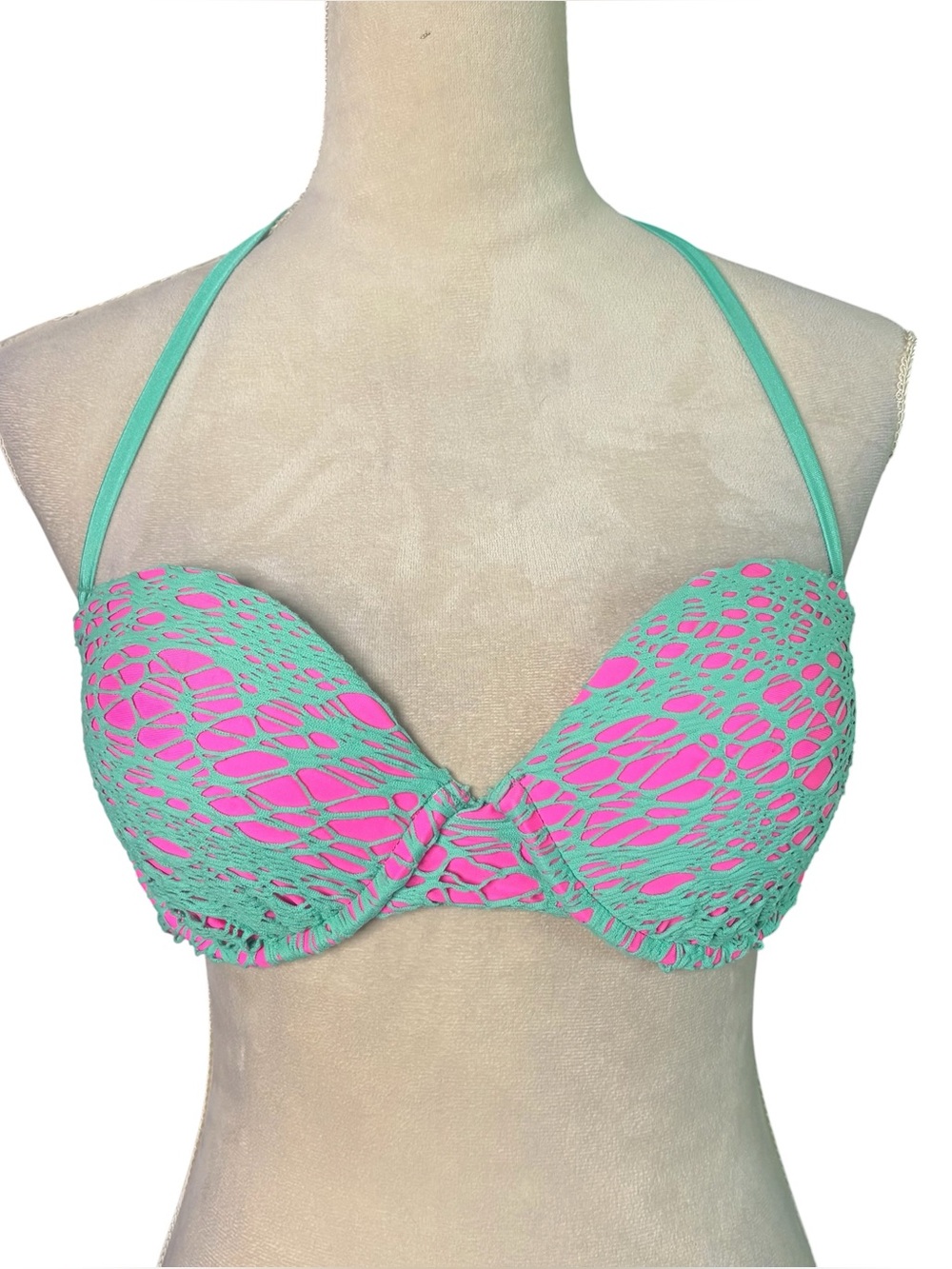 Beach Bunny Hot Pink/Mint Netted Halter Bikini Top Large Summer Resortwear Swim
